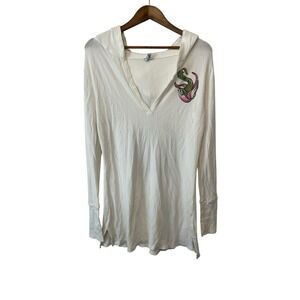 Women's Y2K Vintage Thermal Hoodie Tattoo Graphic Size L Rhinestone‎ Waffle Knit